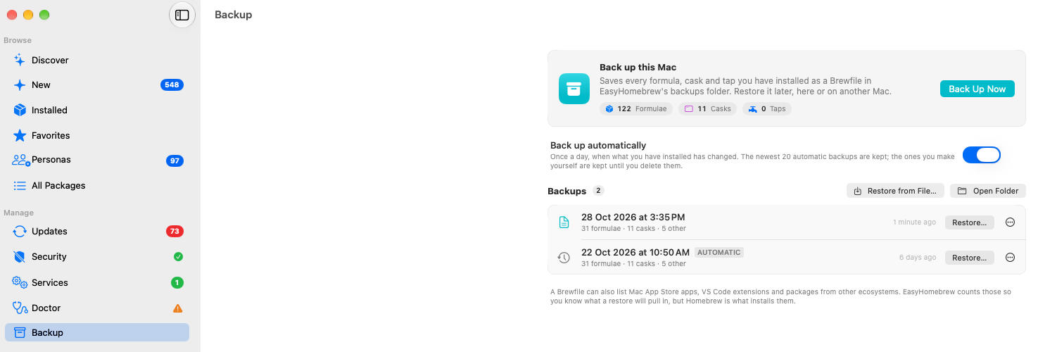 EasyHomebrew Backup — a manual and an automatic backup listed with their dates, each ready to restore