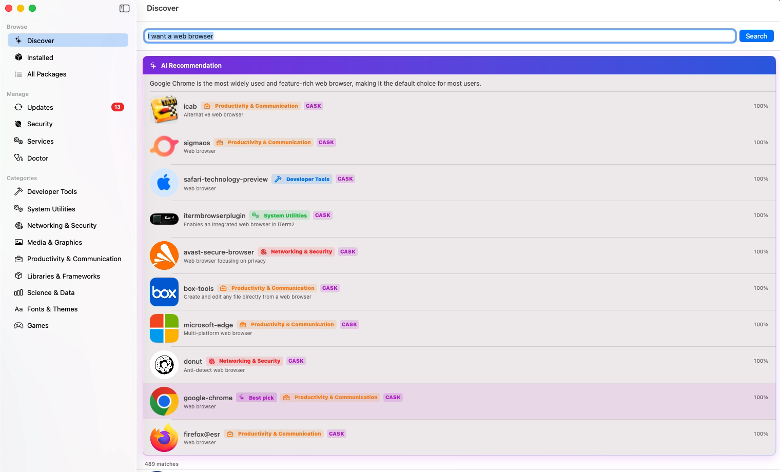 EasyHomebrew Discover — the plain-language query "I want a web browser" returns 489 matches with an AI Recommendation panel ranking them and marking google-chrome as the best pick