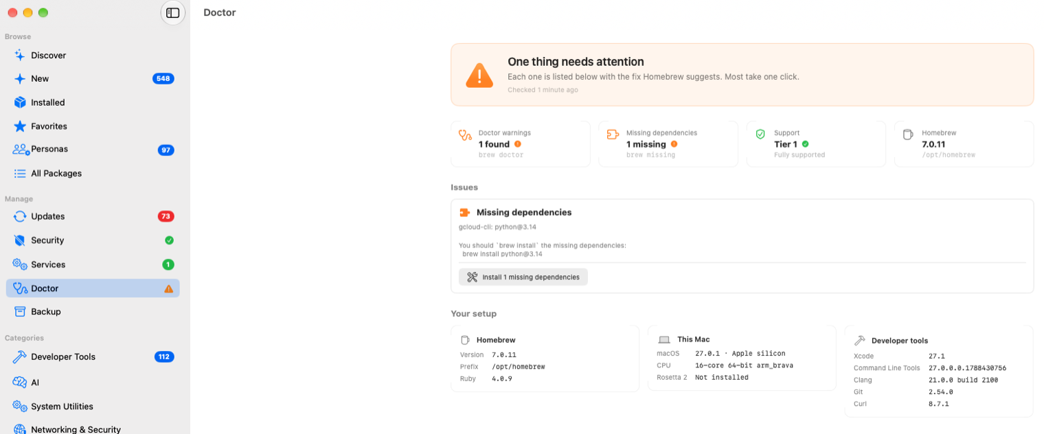 EasyHomebrew's Doctor page with one missing dependency and its one-click fix, beside a sidebar showing a green check on Security, one running service and a warning on Doctor
