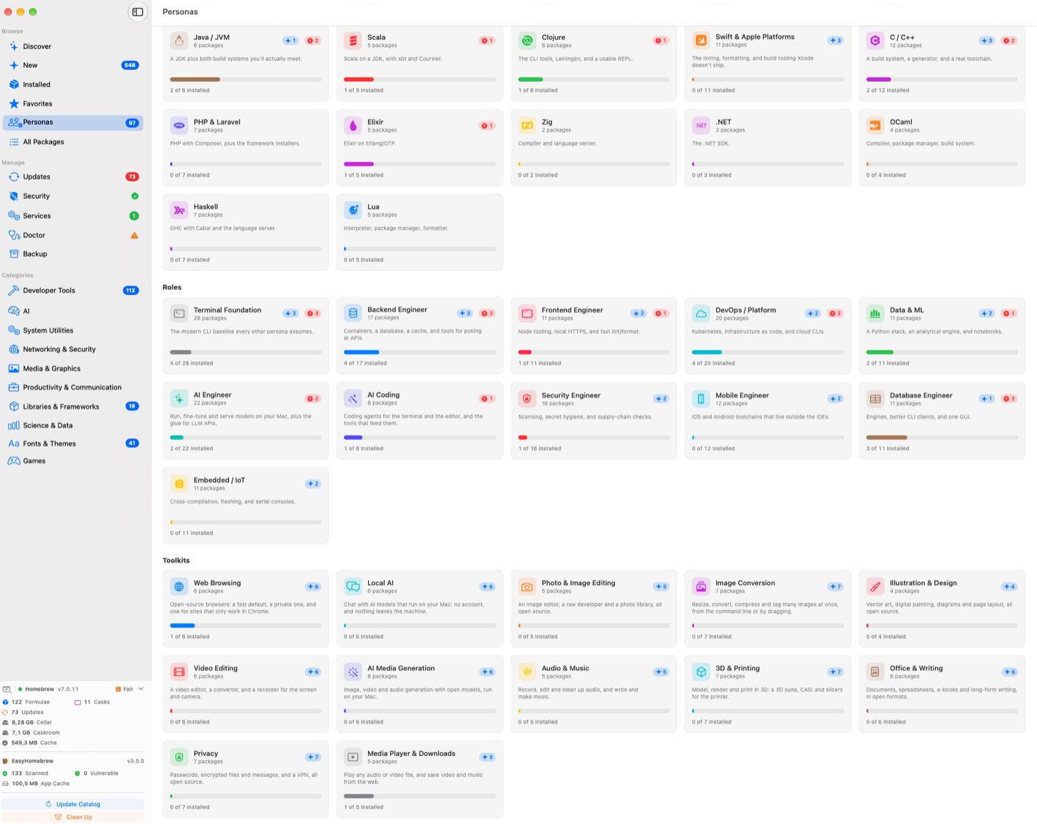 EasyHomebrew Personas — curated bundles grouped into Languages & Runtimes, Roles and Toolkits, each card showing its package count, how many are installed, and how many packages are new or have an update