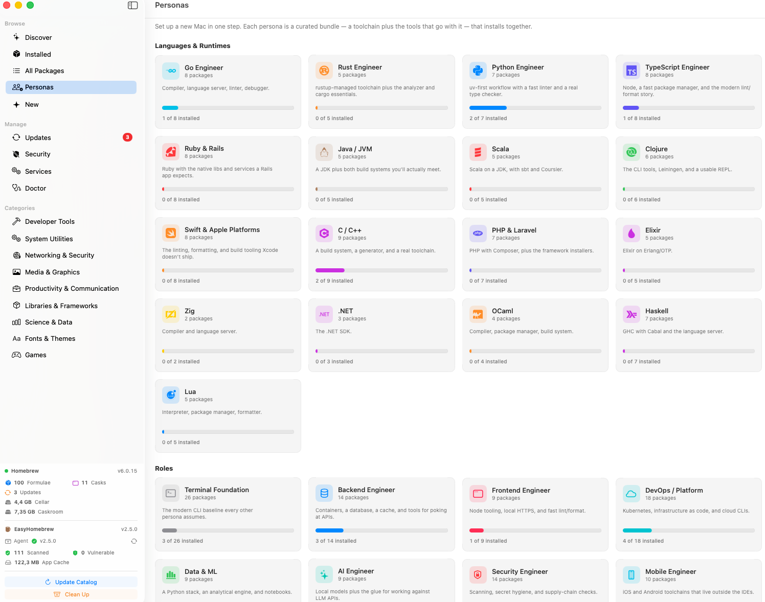 EasyHomebrew Personas — a gallery of curated package bundles grouped into Languages & Runtimes and Roles, each card showing its language logo, package count and how many are already installed