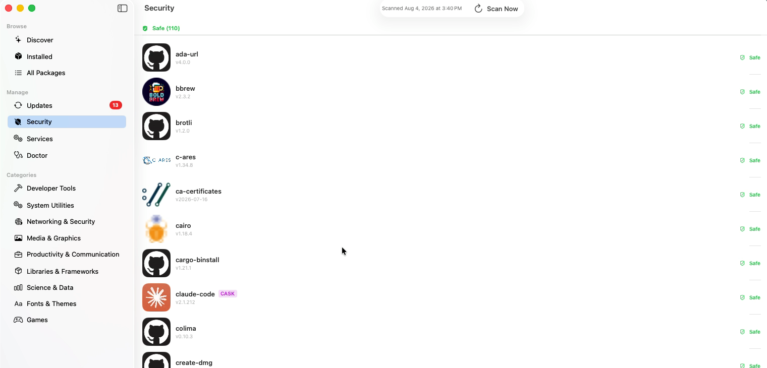 EasyHomebrew Security view — 110 installed packages scanned and marked Safe, with the scan timestamp and a Scan Now button