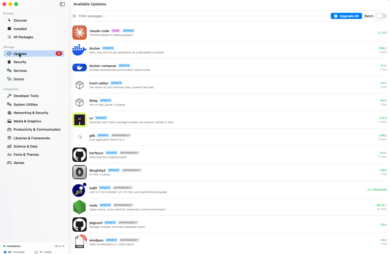 EasyHomebrew Available Updates — thirteen outdated packages listed with UPDATE and DEPENDENCY badges, an Upgrade All button, and a batch-mode toggle