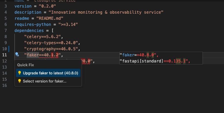 Practical UV in VS Code: an outdated pinned version underlined inside pyproject.toml, with a Quick Fix menu offering to upgrade faker to its latest release or pick a version by hand