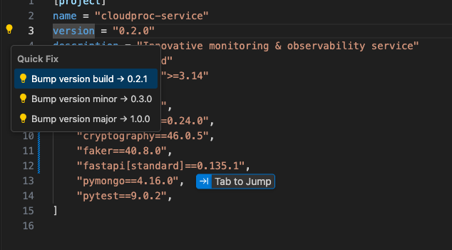 Practical UV in VS Code: a Quick Fix menu on a pyproject.toml project version offering a build, minor or major bump