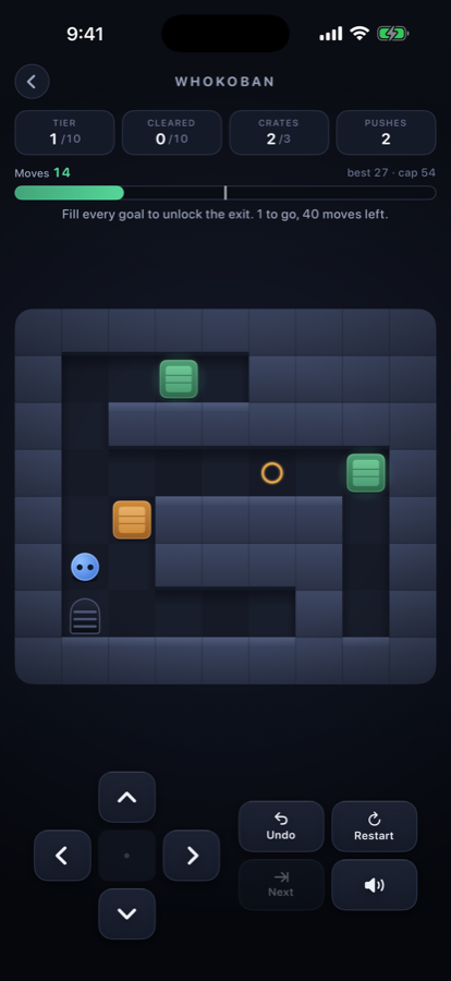 A Whokoban level in progress: two crates parked on their goals, one still loose, with the move counter under the board
