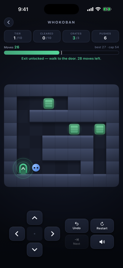 Every crate parked and the exit lit green, with the message: exit unlocked, walk to the door