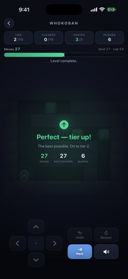 The Whokoban win screen reading Perfect — tier up, with 27 moves against a best possible of 27